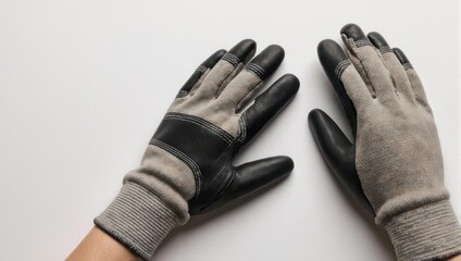 Pair of Gray and Black Work Gloves on White Surface.