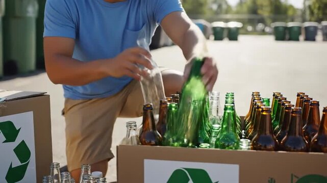 A young Hispanic man in his 20s with olive skin sorts glass bottles into a box. He wears a blue t-shirt and khaki shorts while recycling outdoors.