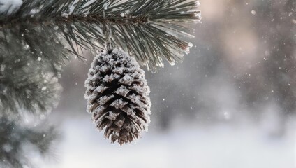 Snow-covered pine cone hanging from a branch in winter.