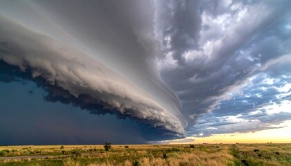 Spectacular Supercell Thunderstorm Unfurls Over an Expansive Field at Dusk, Capturing the Raw Power and Ominous Beauty of this Colossal Weather Phenomenon