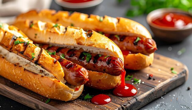 Three hotdogs in buns with ketchup, parsley, & pepper on a dark wood board with a blurred background