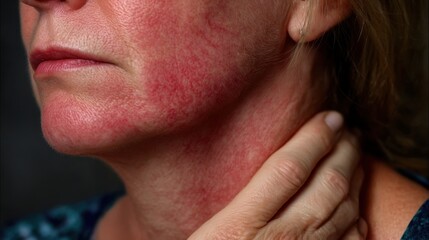 Fototapeta premium Close up partial view of woman face with red irritated skin, showing rosacea or eczema symptoms. Dermatology concept highlighting sensitivity, inflammation and skincare treatment needs.