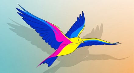 Abstract, minimalist illustration of a bird in flight, dynamic composition, clean lines, vibrant color palette