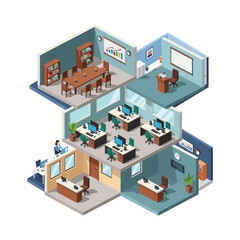 Obraz premium Isometric view of a modern office building with various departments and employees working.