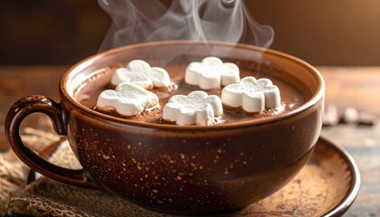Steaming hot chocolate with marshmallows in ceramic mug