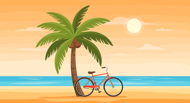 Bicycle resting against a palm tree on a sandy beach.