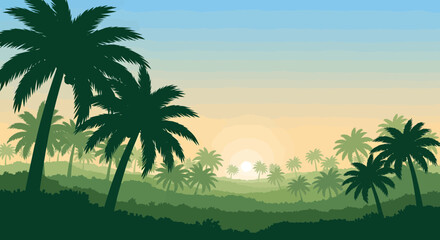 Fototapeta premium Silhouette of palm trees at sunrise tropical landscape.