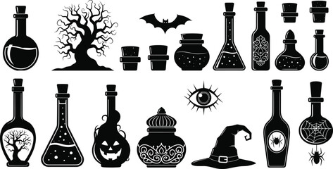 Collection of black silhouette Halloween and magic potion bottles and symbols vector © MSTMARIOM