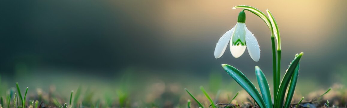 Snowdrop flower demonstrating growth and new life, covered in fresh morning dew drops, signaling the arrival of early spring in a calm natural setting