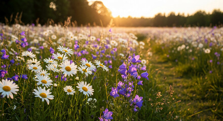Scenic field of white daisies and purple bellflower under sunlight, creating a natural, wild, and peaceful atmosphere perfect for nature concepts