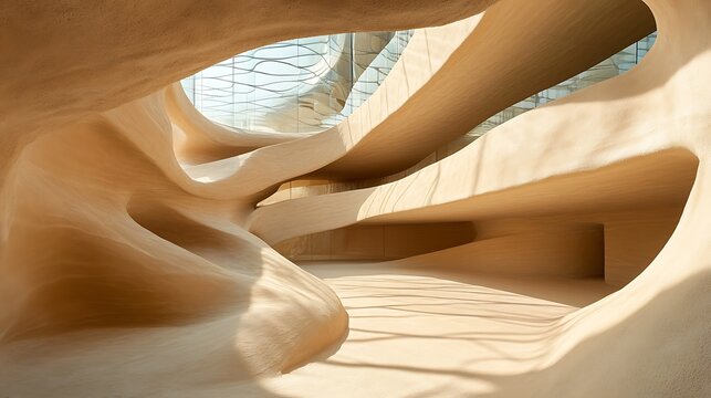 Abstract Interior of a Modern Organic Building with Intricate Sandstone Curves, Flowing Walls, and Natural Light Patterns