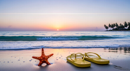 Obraz premium Sandy beach with starfish and pair of flip-flops, calm ocean and sunset at horizon, representing a relaxing beach vacation and tropical atmosphere