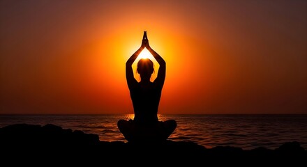 Meditation Yoga Wellness: Silhouette of woman in lotus pose against vibrant orange sunset over ocean, spiritual peace, mindfulness exercise, healthy lifestyle and serenity concept