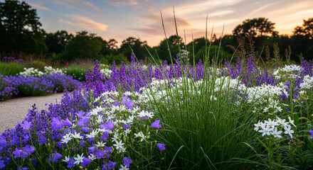 Obraz premium Outdoor image of vibrant purple and white flowers in a garden, representing natural beauty and tranquility, perfect for nature or landscape concepts