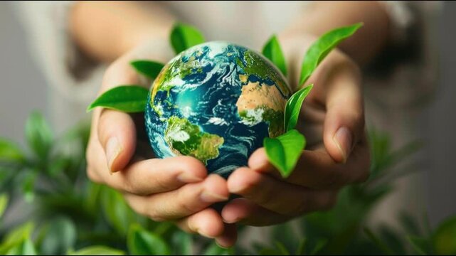Hands hold a small globe with green leaves.Earth rests in open palms. Close up shows leaf details.Nature care message is clear.Protect the planet theme appears.Environmental responsibility is implied.
