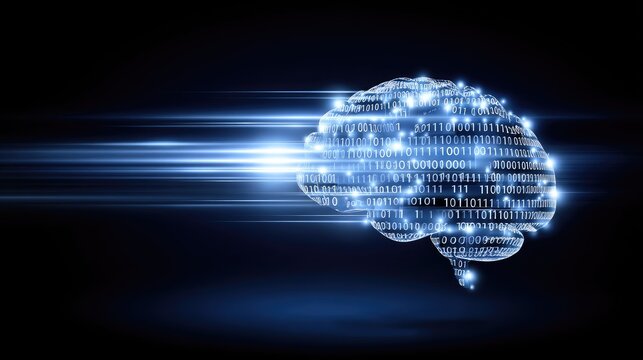 Futuristic digital representation of human brain with binary code flowing in a vibrant blue and black background emphasizing technology and innovation