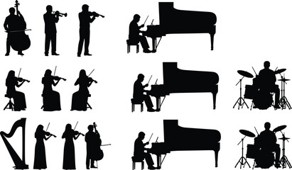 Black Silhouette Set of Professional Musicians Playing Musical Instruments, Orchestra Performance with Piano, Violin, Cello, Harp, Trumpet, and Drum Kit Graphics, © Lija