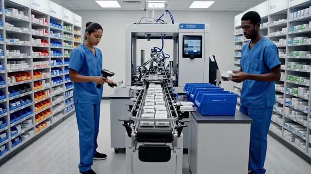 Pharmacy Staff Working with Computers and Dispensing Medications.