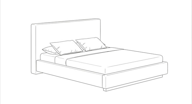 Black and white line drawing of bed with headboard, pillows, mattress, blanket, minimalistic furniture design vector illustration for interior planning and catalog use