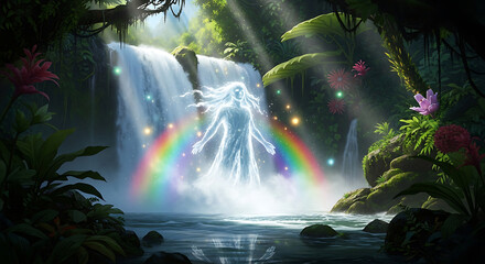 Fototapeta premium A mystical rainbow-colored figure stands in a lush, vibrant waterfall surrounded by lush greenery and sunlight filtering through the dense foliage.