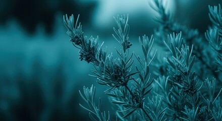 Naklejka premium Close-up of lavender plant with teal tones, blurred background