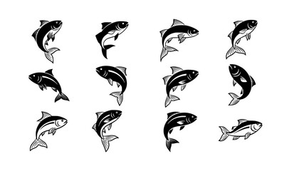 Obraz premium Minimal leaping fish silhouette icon pack vector