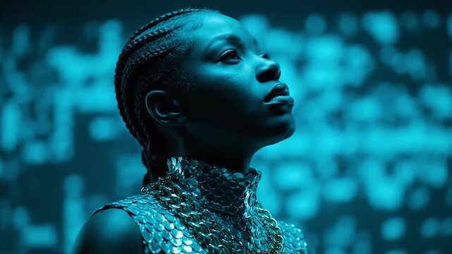 A young person with braided hair looks upwards against a blue, abstract background with glowing patterns.