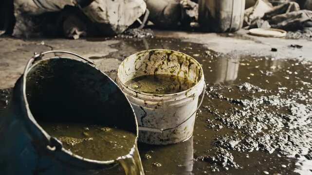 Dirty water and buckets in a polluted environment, industrial waste.
