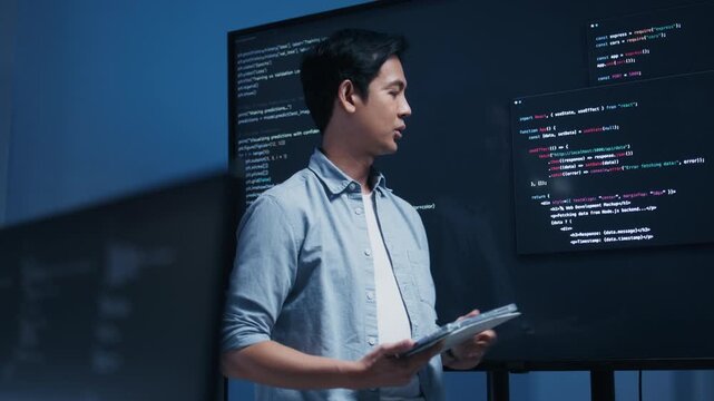 Asian Male developer leading a team meeting, pointing to code on a big monitor while reviewing an AI chatbot module. Concept of collaboration, debugging for coding teamwork in a tech company office.