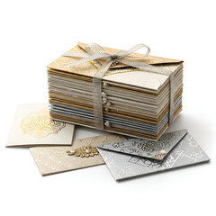 Stack of greeting cards with ribbon.