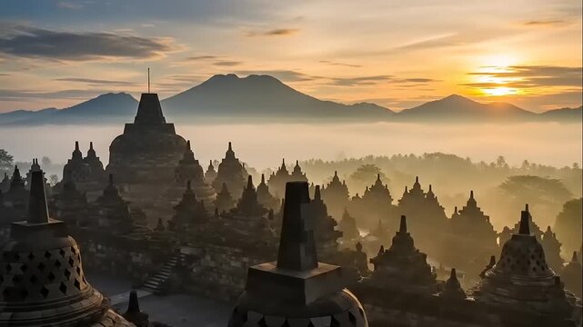 Borobudur Temple Complex at Sunrise Indonesia.