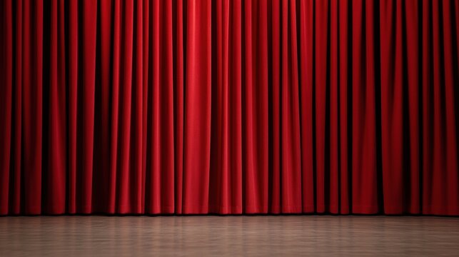 Red theater curtain on stage with wooden floor and copy space. Dramatic backdrop for product presentation, banners, posters, advertising and World Theater Day concept