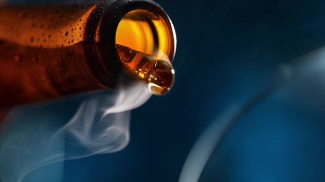 Refreshing Beer Poured From A Bottle Into A Glass At A Nightclub Or Moody Pub, Blue Background