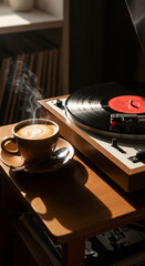 Obraz premium Coffee cup next to vintage record player on wooden table 