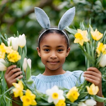 A girl with rabbit ears smiles while holding a wreath of flowers in a garden