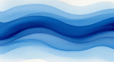 Fototapeta premium Elegant blue watercolor abstract background featuring flowing waves, layered indigo brush strokes, and a soft artistic texture on white paper.