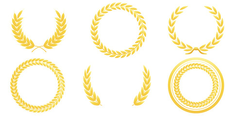 Gold laurel wreaths and wheat ears frames for winner trophy, success and anniversary design. Collection, set isolated on transparent background. Vector illustration. © Olga