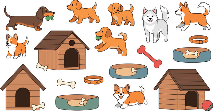 Cute dog cartoon collection with puppies houses bones beds and accessories vector illustration set