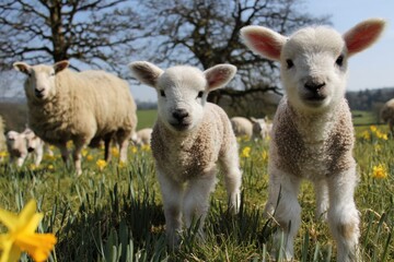 Obraz premium Gentle Spring Sun over Lamb-Filled Meadows