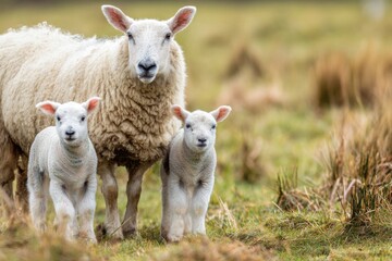 Fototapeta premium Peaceful Lambs Resting in Spring Grass