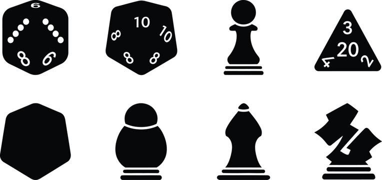 Icon set of gaming symbols and dice for rpg and board games