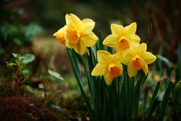 Fototapeta premium Yellow Daffodils Nodding in Breeze Early Spring Garden