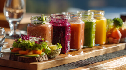 Variety of Cold Pressed Juices and Healthy Snacks