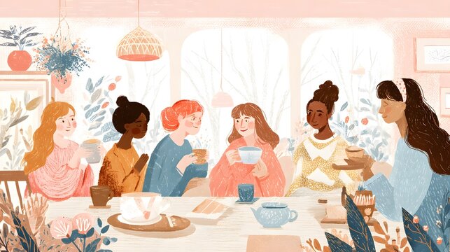 Friends tea flowers. Cozy Women's Coffee Meetup Illustration: Diverse Friends Sharing Tea and Conversation in a Soft Pastel Floral Setting. Feminine Community Concept