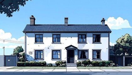 Two-story white house with a blue roof sits under a sunny sky;  shrubs surround it on green grass