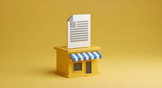 Small Business Licensing: Miniature yellow shop model with large paper document on top, retail regulations, commercial permit, store ownership and entrepreneurship concept