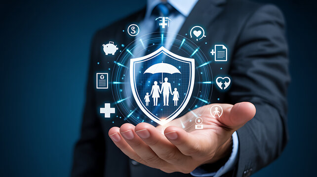 Businessman presenting comprehensive family protection and security concept