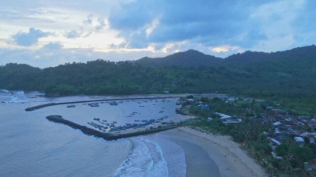 Aerial view of pulau merah beach port in banyuwangi east java indonesia