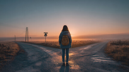teenager standing at a forked road at sunrise, young traveler with backpack choosing path, metaphorical journey of decision making at dawn