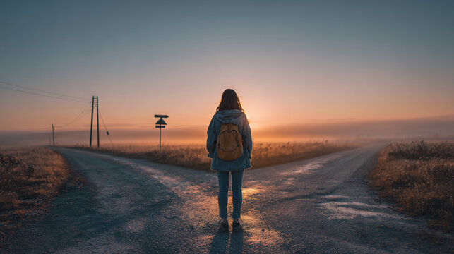 teenager standing at a forked road at sunrise, young traveler with backpack choosing path, metaphorical journey of decision making at dawn